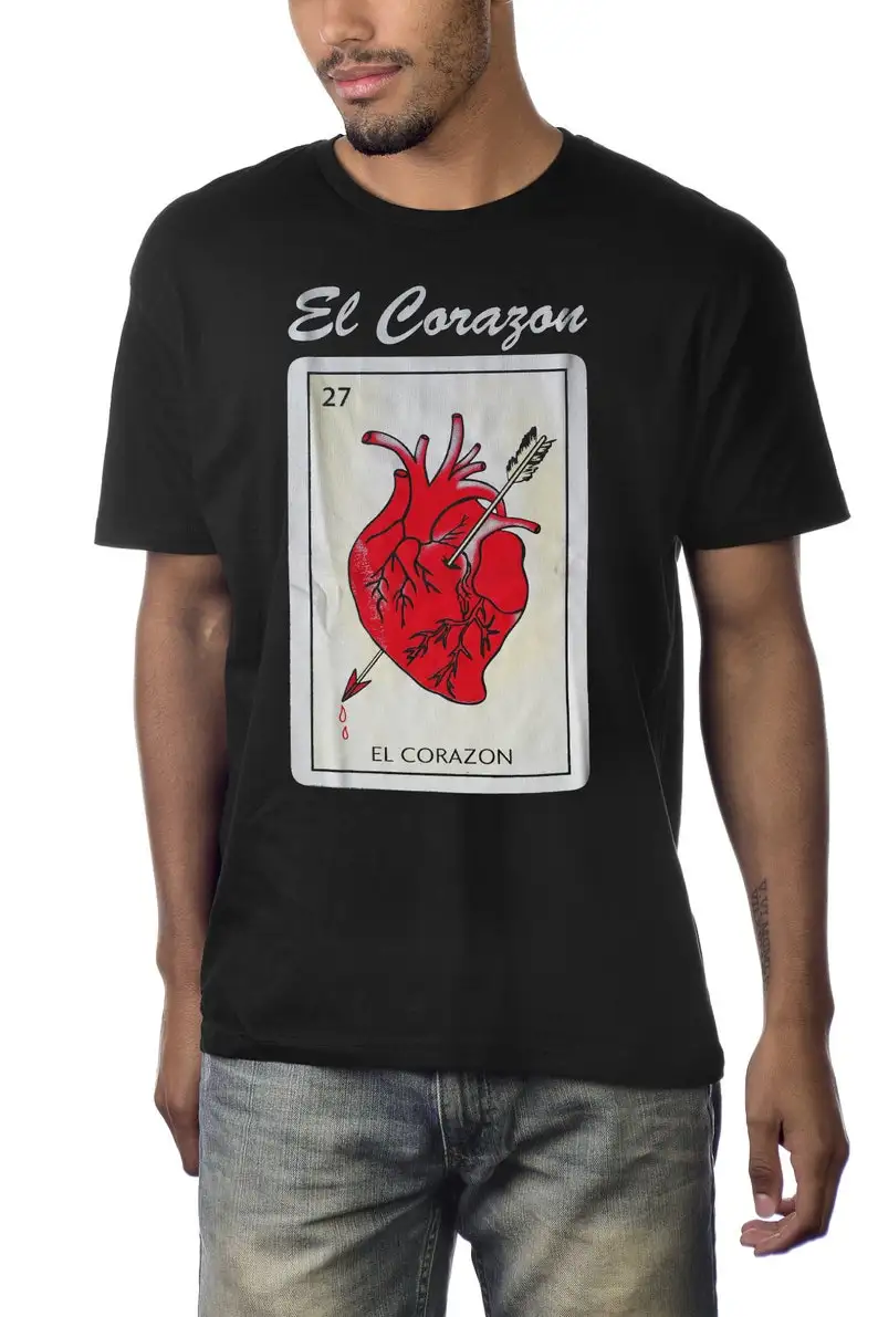 El Corazon Loteria Mexican Bingo T-Shirt Novelty Funny Family Tee Black New