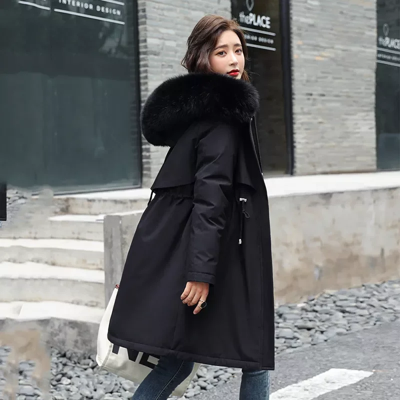 New2022 Long Parkas Hooded with Fur Wool Liner Ladies Casual Winter Jackets Thick Warm Coats Zipper Pockets Outwear for Female