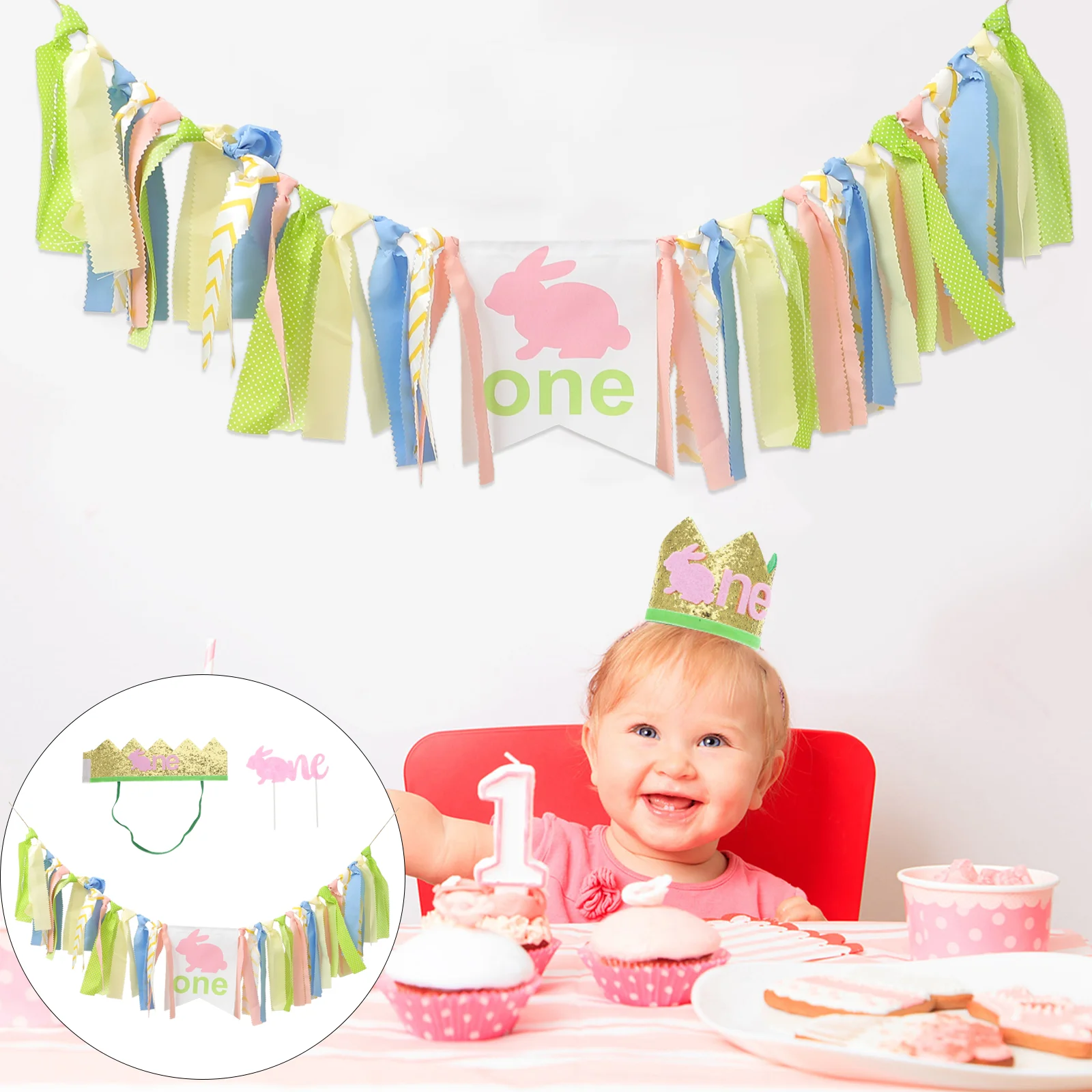 

1 Set Baby Birthday Decoration Banner Crown and Cake Insert Party Supplies