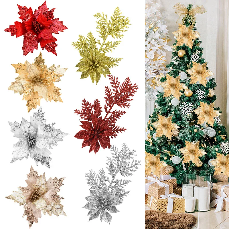 

1/2Pcs Christmas Glitter Artificial Flowers Red Gold Xmas Tree Ornaments Silk Flower Heads For Home New Year Navidad Party Decor