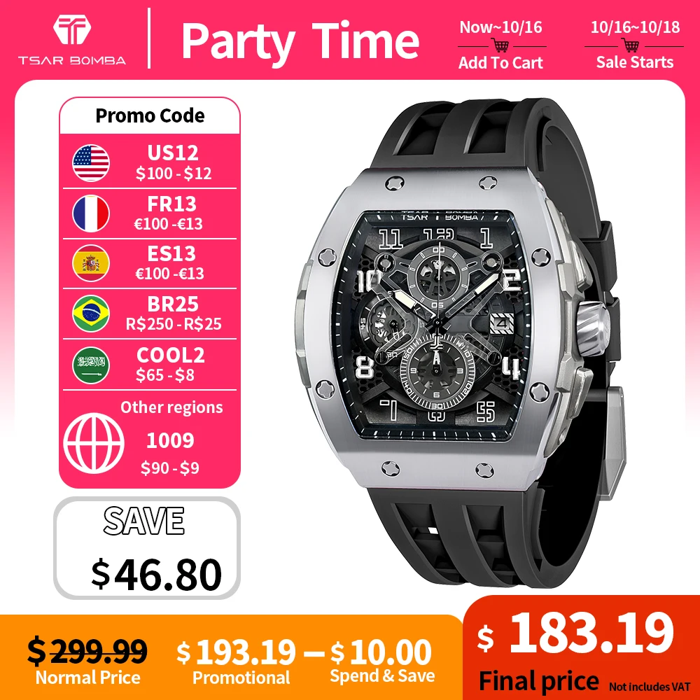 

Часы TSAR BOMBA мужские водонепроницаемые до 50 м, механические зеркальные часы с сапфировым стеклом