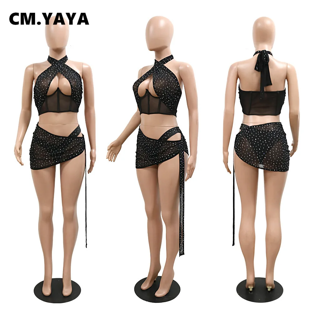 Соблазнительный женский сетчатый комплект из 3 предметов CM.YAYA с кристаллами и