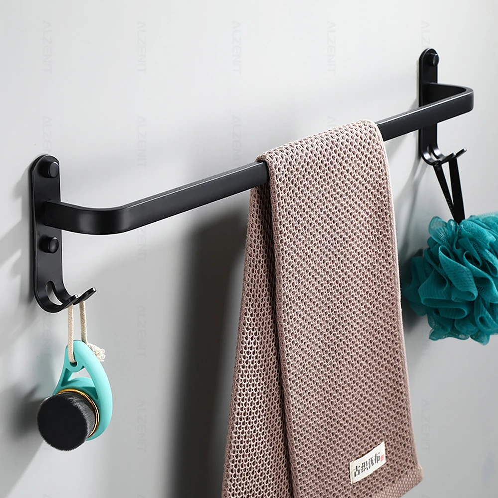 towel bar 40 60cm double rod rail rack with hook wall mount holder bathroom accessories matte black shower hanger aluminum shelf free global shipping