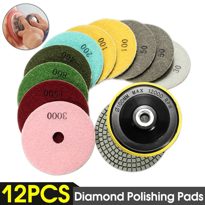 

12pcs/Set 4'/100mm Abrasive Tools Wet Dry Diamond Polishing Pads Sanding Disc Grinder For Granite Stone Concrete Marble Polisher