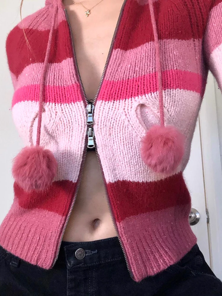 

Женский свитер в полоску, с длинным рукавом и капюшоном