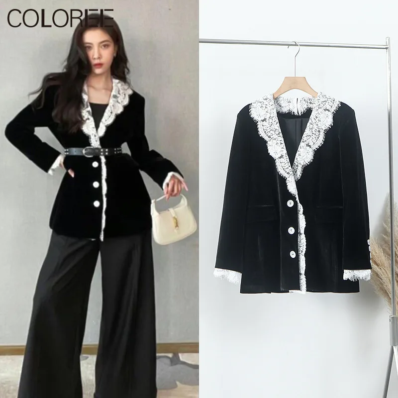 

Vintage Lace Patchwork Velvet Blazer Women 2022 Spring Designers Elegant Notched Black Jaqueta Feminina Korean Clothing