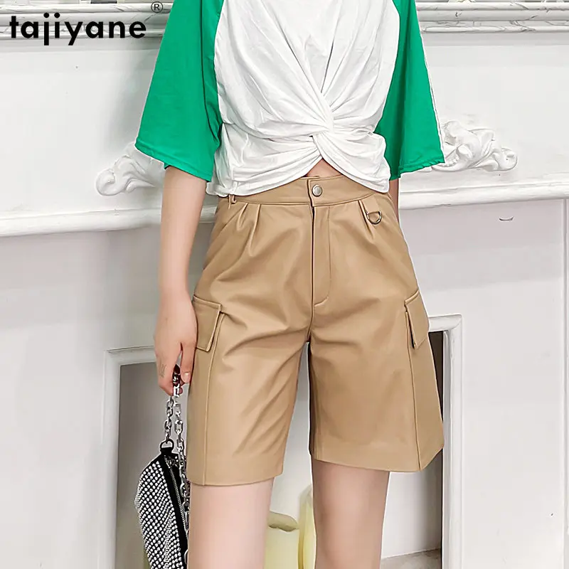 Tajiyane Genuine Sheepskin Leather Pants Women High Waist Loose Pants Korean Style Straight Short Pants Knee-length Streetwear
