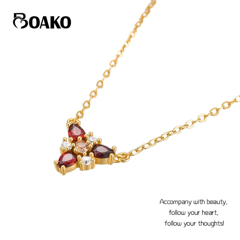 

BOAKO 925 Sterling Silver Ruby Triangle Pendant Necklaces 18k Gold Chain for Women Clavicle Exquisite Jewelry Accessory for Gift