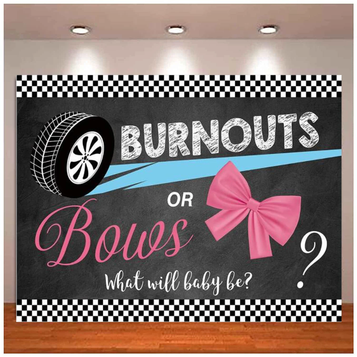 

Burnouts or Bows Gender Reveal Photography Backdrop Boy or Girl Pink or Blue He or She Baby Shower Party Banner Decor Background
