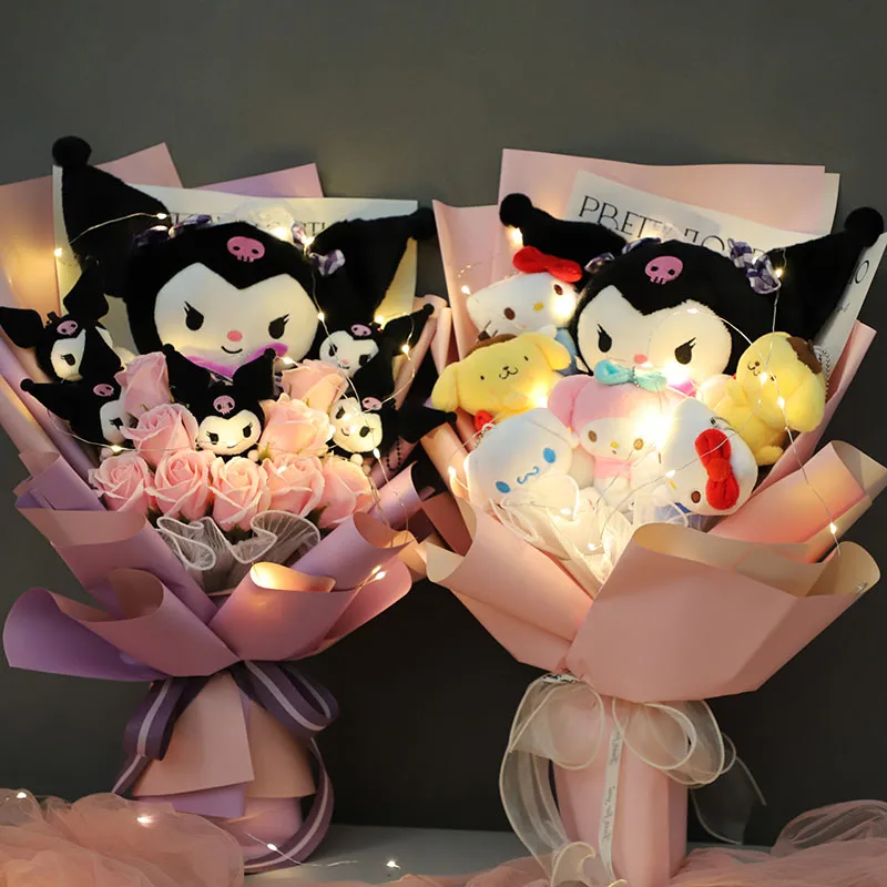 

New Kawaii Kuromi Bouquet Plush Doll Flower Cute Hello Kitty Cinnamoroll My Melody Girlfriend Valentines Day Girl Birthday Gift