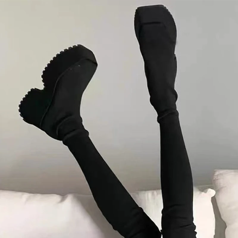 Женские замшевые ботинки-носки до середины икры зимняя Дизайнерская обувь на