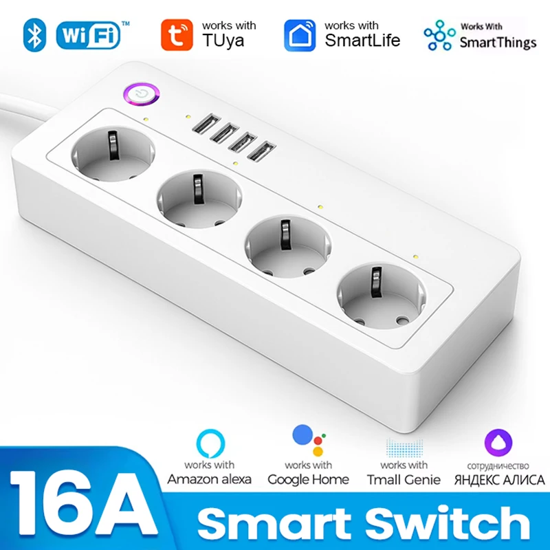Фото Умная розетка Tuya Smartlife, Wi-Fi, удлинитель, мульти-вилка с 4 вилками, 4 USB-порта, совместимая с Alexa Google Home, умным домом №1