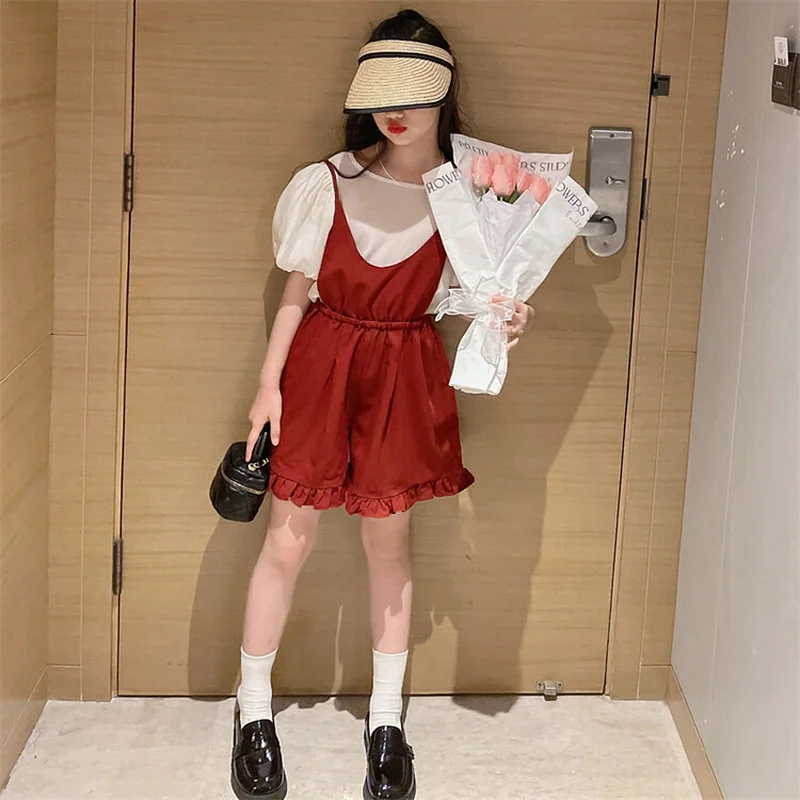 Детская одежда для девочек летняя рубашка с пышными рукавами и комбинезоны