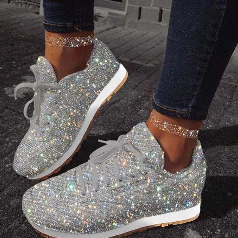 

Summer Women Casual Glitter Shoes Mesh Flat Shoes Ladies Sequin Vulcanized Shoes Lace Up Sneakers Outdoor Sport Running Shoes