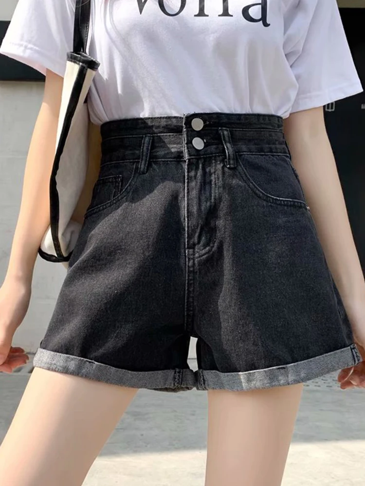 Spring Summer Women High Waist Button Loose Denim Shorts Streetwear Female Wide Leg Blue Jeans Shorts Bottoms