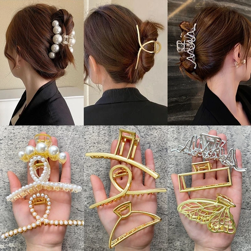 Grampo de cabelo pérola conjunto de garra para mulheres cor de ouro hairpins metal acessórios para o cabelo geométrico oco pinça barrette cristal grande