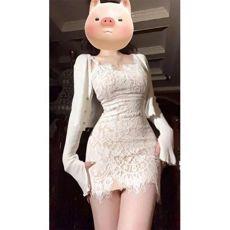 Женский облегающий комплект из двух предметов Винтажный кружевной топ-платье +