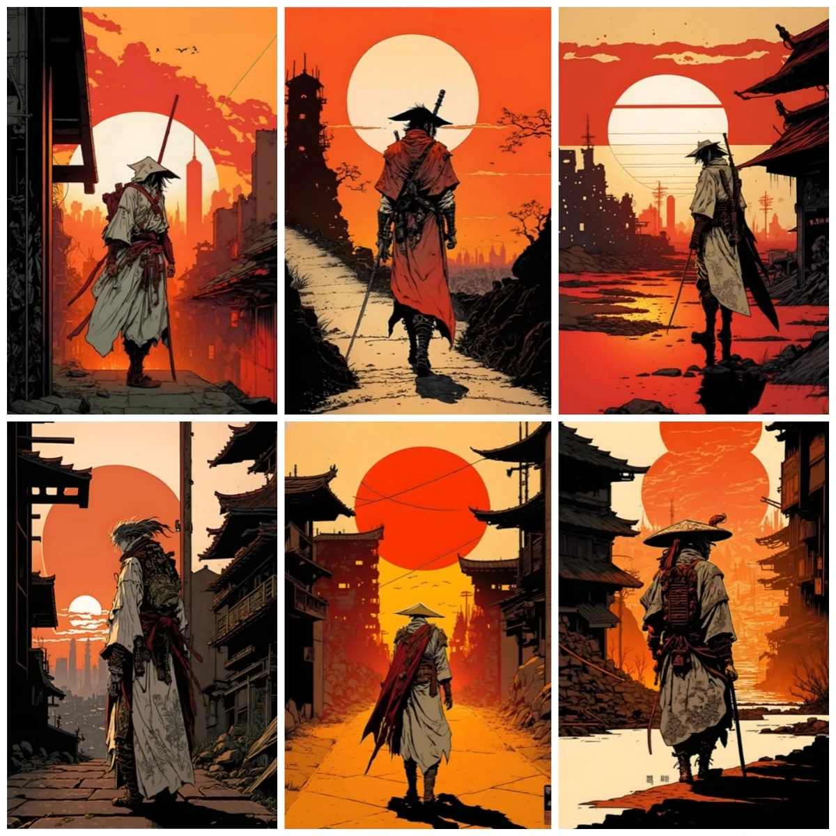 Набор для рисования с изображением воина заката японского самурая