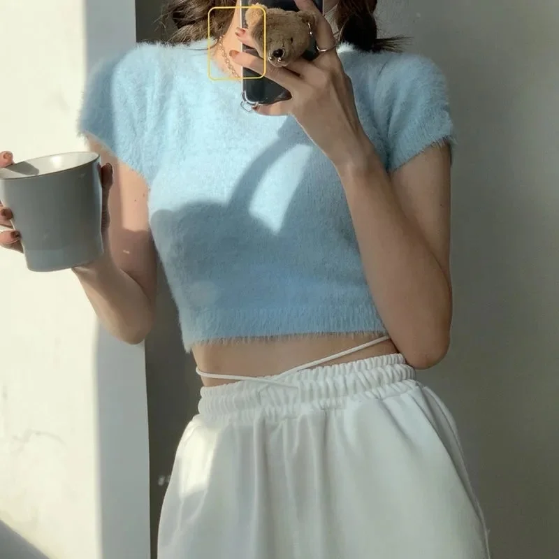 

Knitted Cropped Sweaters Women Slim Fit Solid Crop Tops O-neck Short Sleeve Tops Knitwear Pullovers All-match Sueter Baggy Jeans