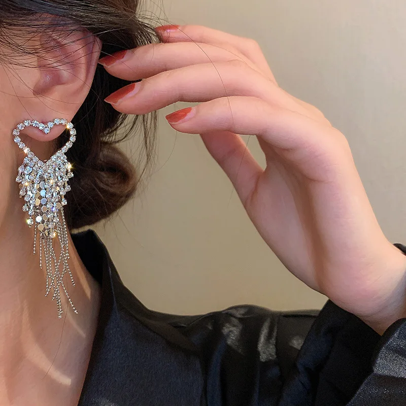 

Korean Silver Lover Heart Tassel Dangle Earrings Inlaid Zirconia Crystal Earring for Women Party Jewelry Accessories
