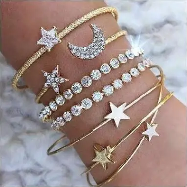 

Aporola Fashion New Bracelet Set Full Diamonds Crystal Stars Moon Four-piece Combination Half Opening Adjustable Bangle Set Gift