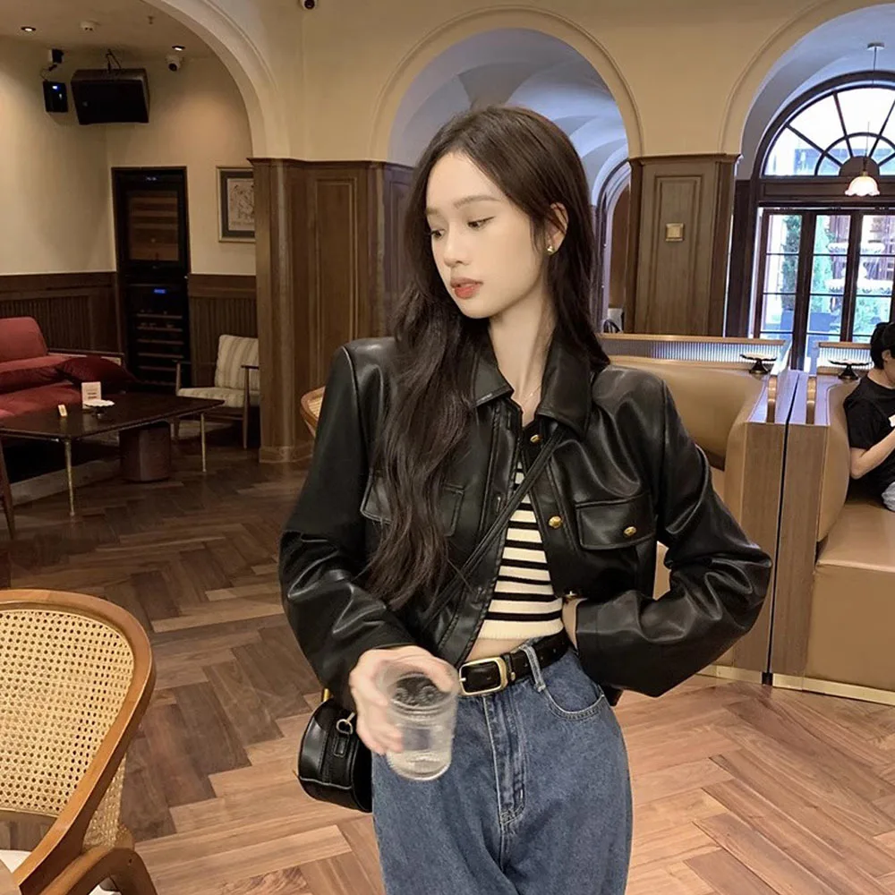 Корейский Элегантный женский жакет из искусственной кожи черный укороченный Топ