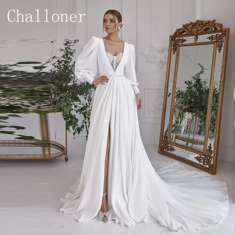 

Challoner Shiny Glitter Wedding Dress V-Neck Beaded Squined Puff Sleeves Chiffon Bridal Gown Button Vestido de Novia Custom Made