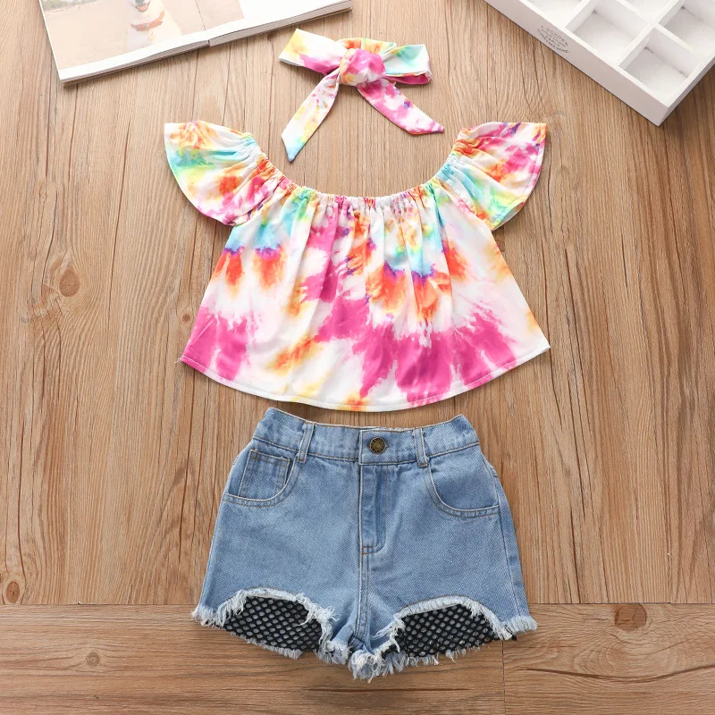 

2022 girls shorts suit summer baby one-shoulder pullover denim shorts three-piece set