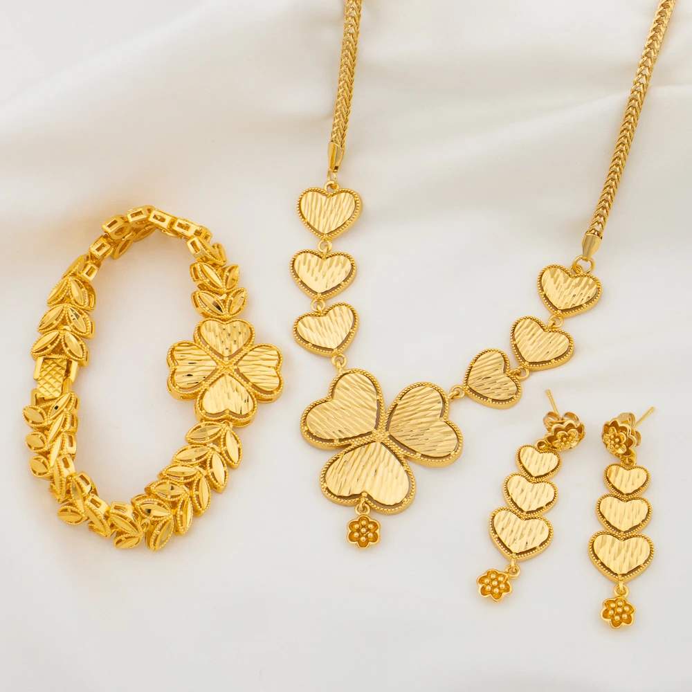 

YM Jewelry Set for Women 18K Gold Color Copper Necklace Earring Heart Pendant Bracelet Dubai Ethiopia Party Wedding Jewelry Gift