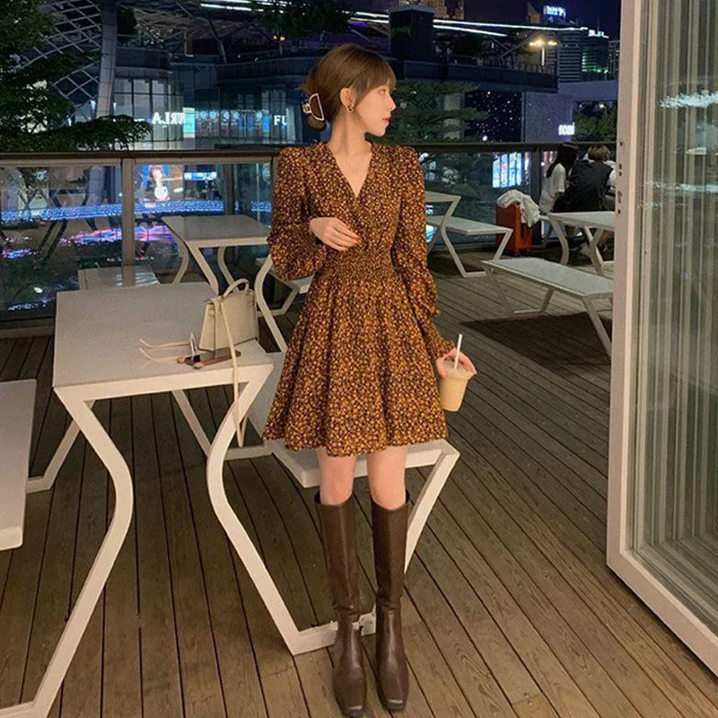 

Summer 2022 Printing Dresses for Women Elegant Ladies Puff Long Sleeve High-waist Elastic Vintage A-lineskirt Vestido De Mujer