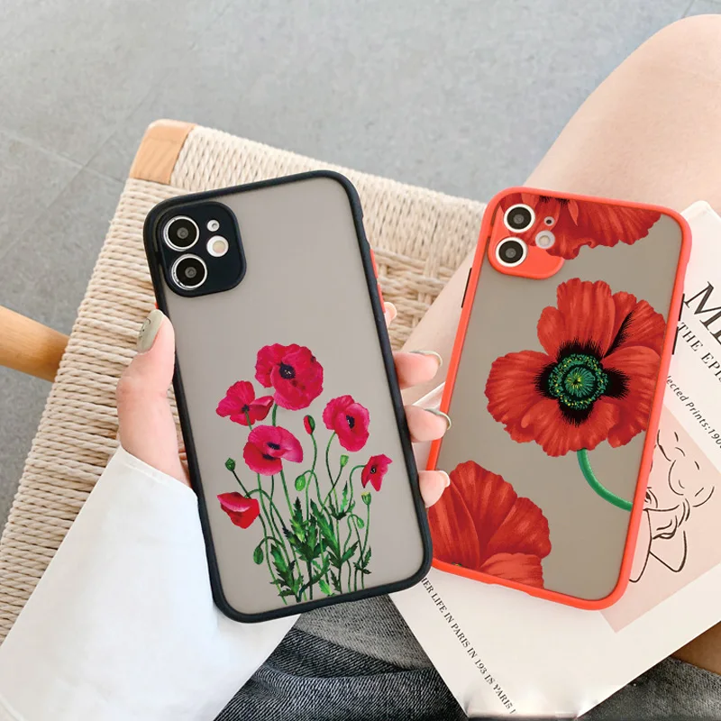 

Poppy Flower Bloom Phone Case Black And Red Color For iPhone 13 12 11 Pro Max Mini 7 8 Plus SE 2020 X XR XS Max Hard Cover Funda