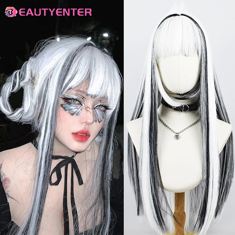 

BEAUTYENTERWomen Synthetic Lolita Wig Long Straight Ombre Two Tone Silver Grey Black Hair For Cosplay With Bangs