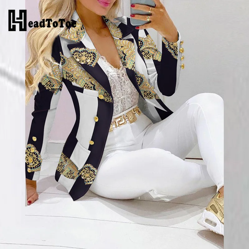 

Scarf Striped Print Elegant Lapel Collar Double Breasted Blazer Tops Women