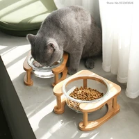 double bowl cat raised glass bowl pet elevated wood stand neck care design for kitten puppy confort drinking feeding bowl