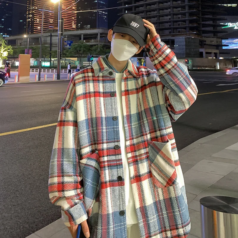 

Privathinker 2022 Autumn New Fashion Men's Plaid Jackets Turn Down Collar Windbreaker Korean Style Casual Male Woollen Coats