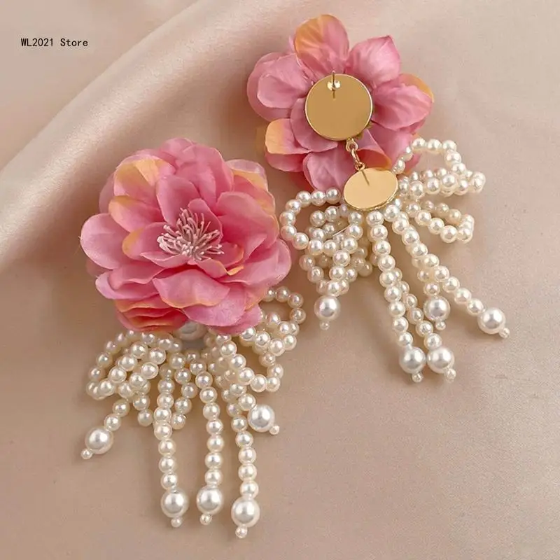 

Boho Large Floral Earrings Romantic Exaggerated Flower Pearl Tassel Earring