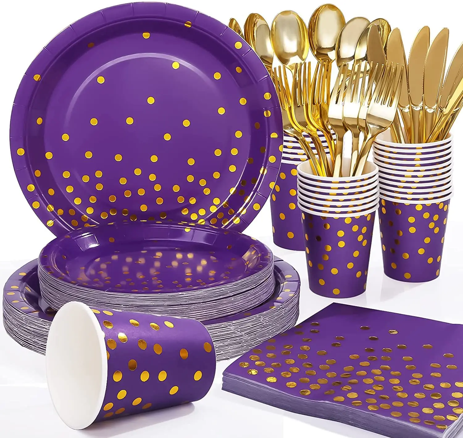 

8 Guests Disposable Paper Tableware Purple Plates Cups Napkins Stamping Gold Cutlery Happy Birthday Party Supplies Kids Favor