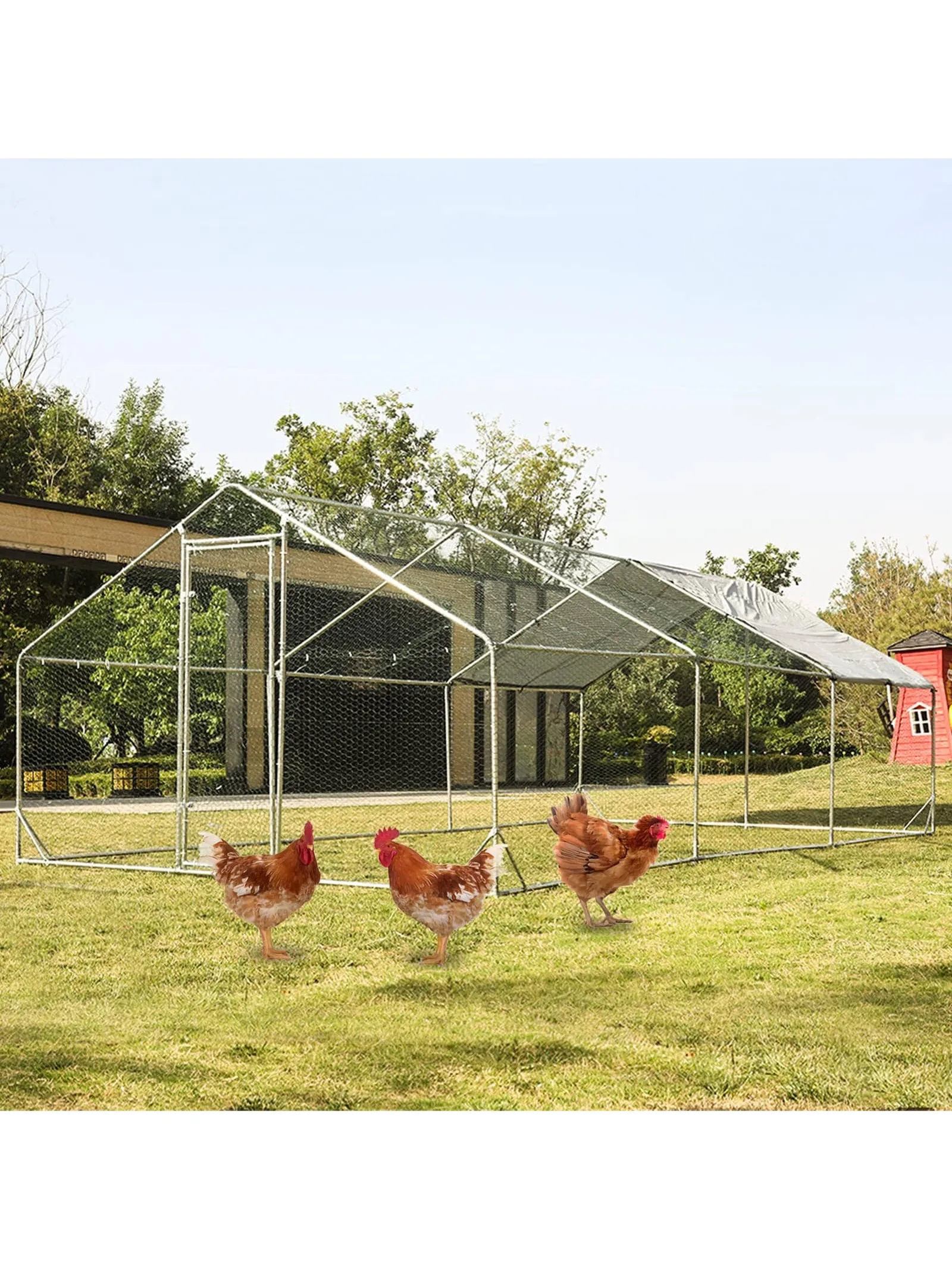 

Extra Large Metal Chicken Coop Outdoor Run Walk-in Poultry Cage with Waterproof Cover