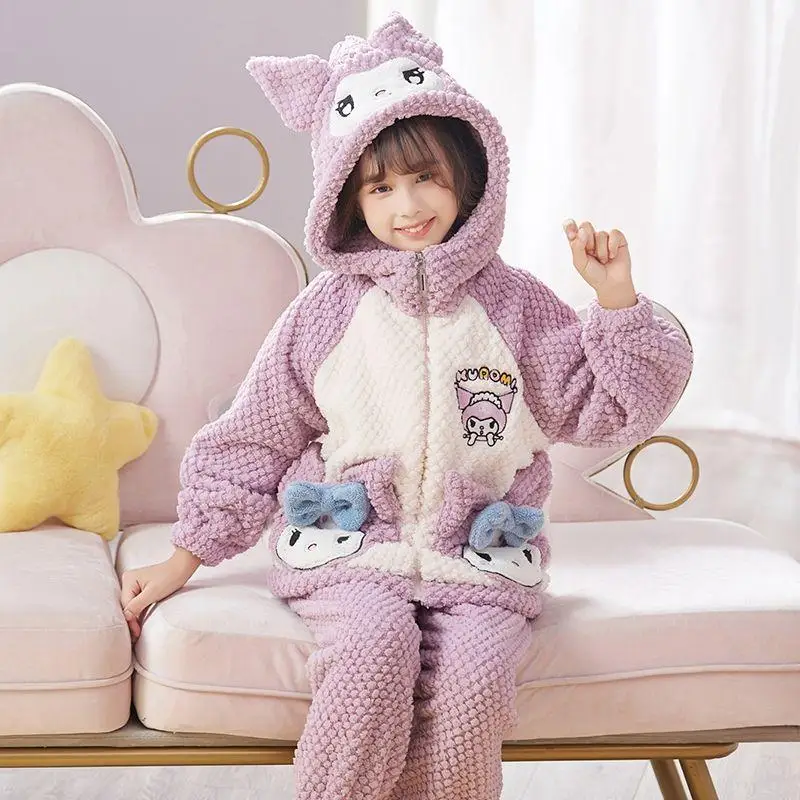 

New Awaii Cartoon Sanrios Plush Pajamas My Melody Kuromi Cinnamoroll Kt Cat Cute Anime Children Pajamas Coral Fleece Tracksuit