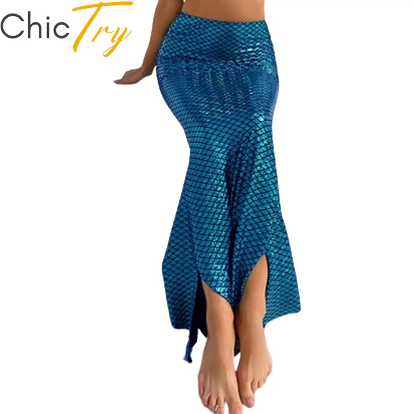 

Women Beach Skirt Mermaid Costume Glossy Fish Scale Print High Waist Fishtail Skirt for Halloween Role Play Theme Party Dress Up