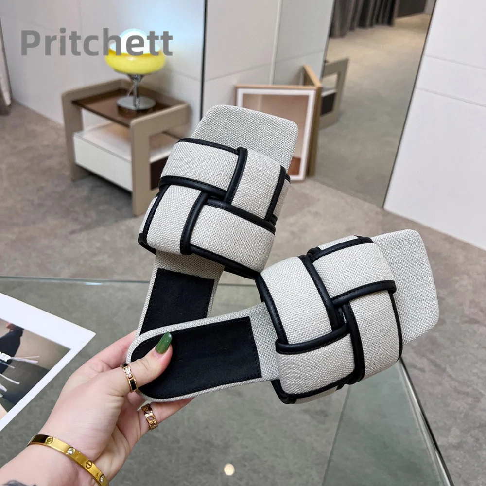 2023 Summer New Flat Bottom Slippers Retro Weave Shallow Mouth Open Toe Fashion Slippers Versatile Concise Women's Shoes