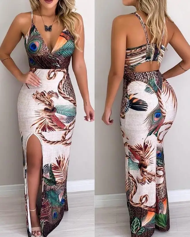 

2023 Summer European & American Women's Sexy Fashion Skinny Peacock Feather Print Cutout Back Thigh Slit Maxi Vacation Dress