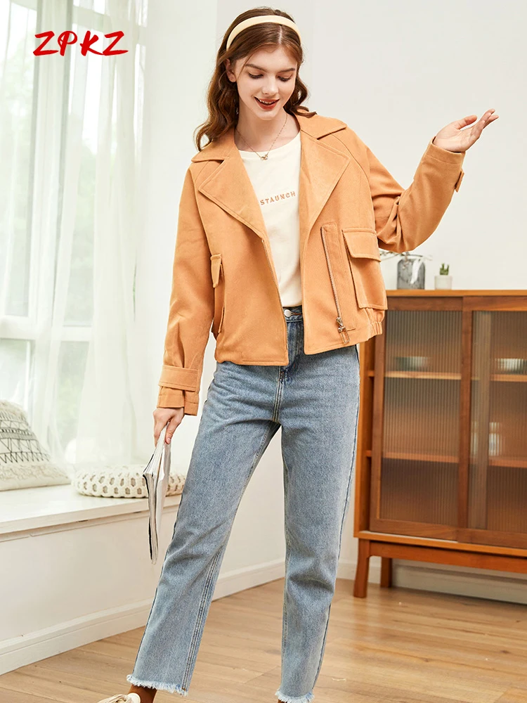 

ZPKZ Temperament Orange Cropped Women Coat Autumn Fashion Casual Long Sleeve Comfortable Cropped Jacket Top