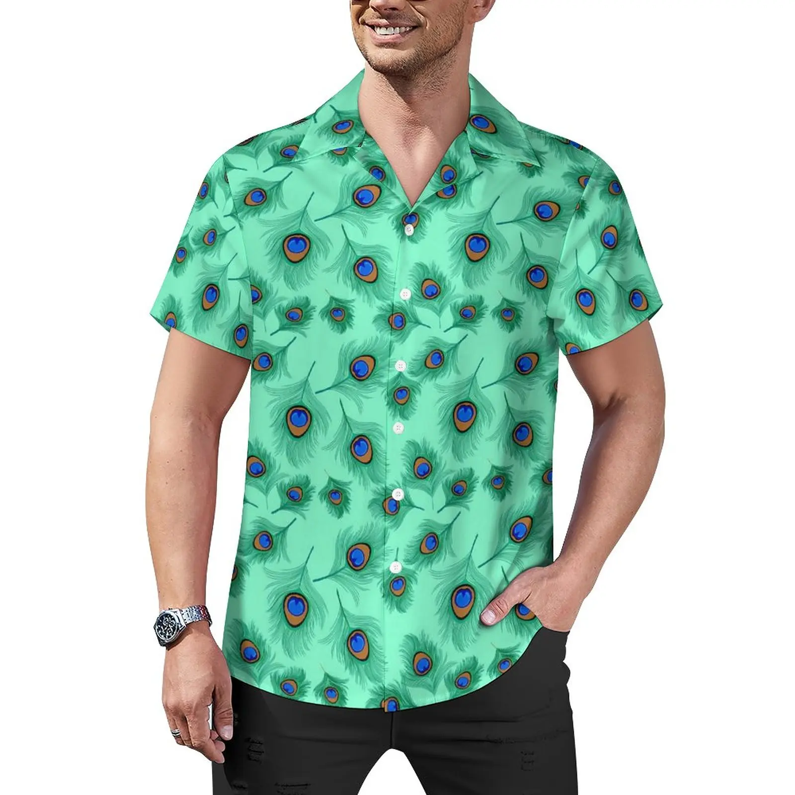 

Peacock Feathers Blouses Male Light Aqua Casual Shirts Hawaii Short-Sleeve Design Y2K Oversized Vacation Shirt Birthday Gift