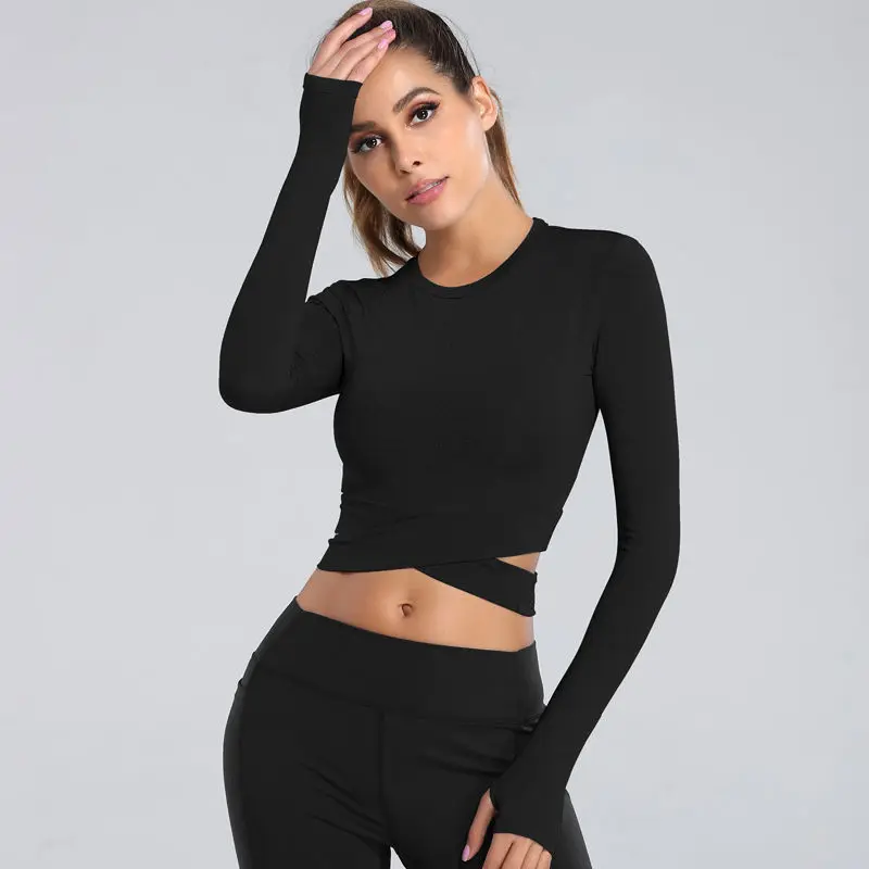 

Women Solid Sport Shirts High Elastic Gym Yoga Top Breathable Long Sleeve T-Shirts Sports Crop Top Quick Dry Sportswear E270