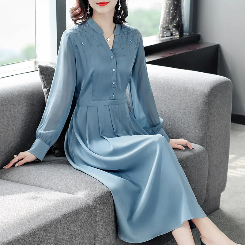 

Women's dress 2022 early spring temperament advanced simulation silk satin new medium length Chiffon in spring and summer