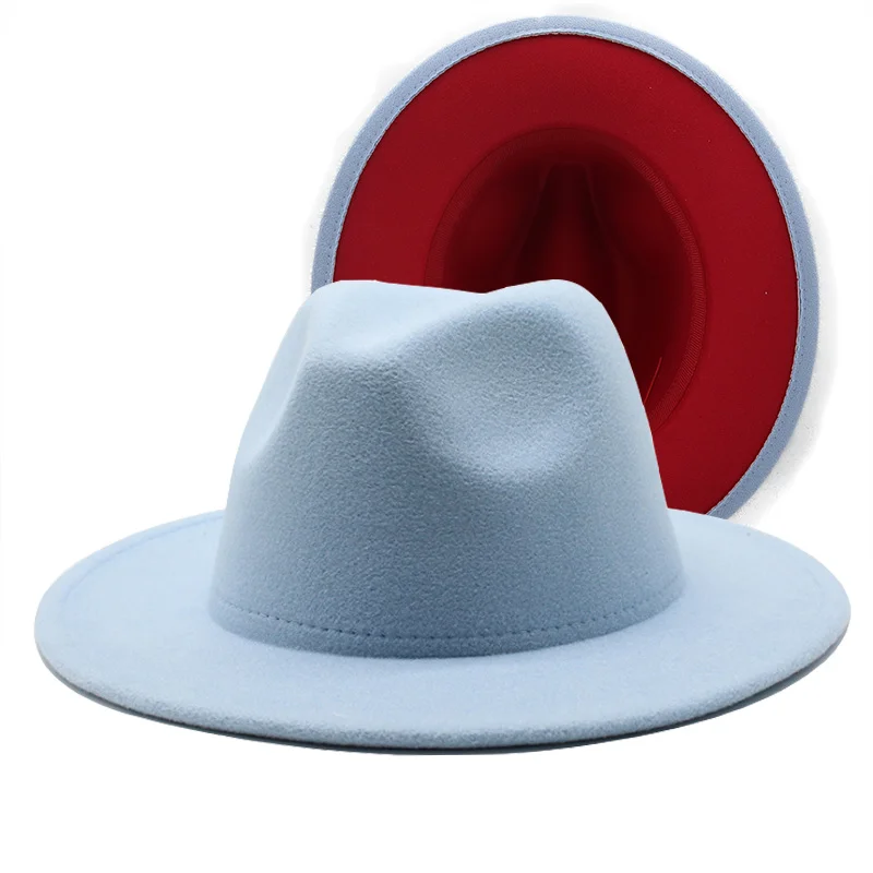 

Hot Unisex Outer sky blue Inner Red Wool Felt Jazz Fedora Hats with Thin Belt Buckle Men Women Wide Brim Panama Trilby Cap