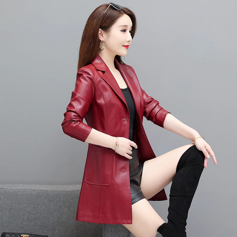 Women’s Faux PU Leather Jacket Vintage Lapel Button Up Blazer Middle Length Down Collar Pockets Crop Moto Biker Coat