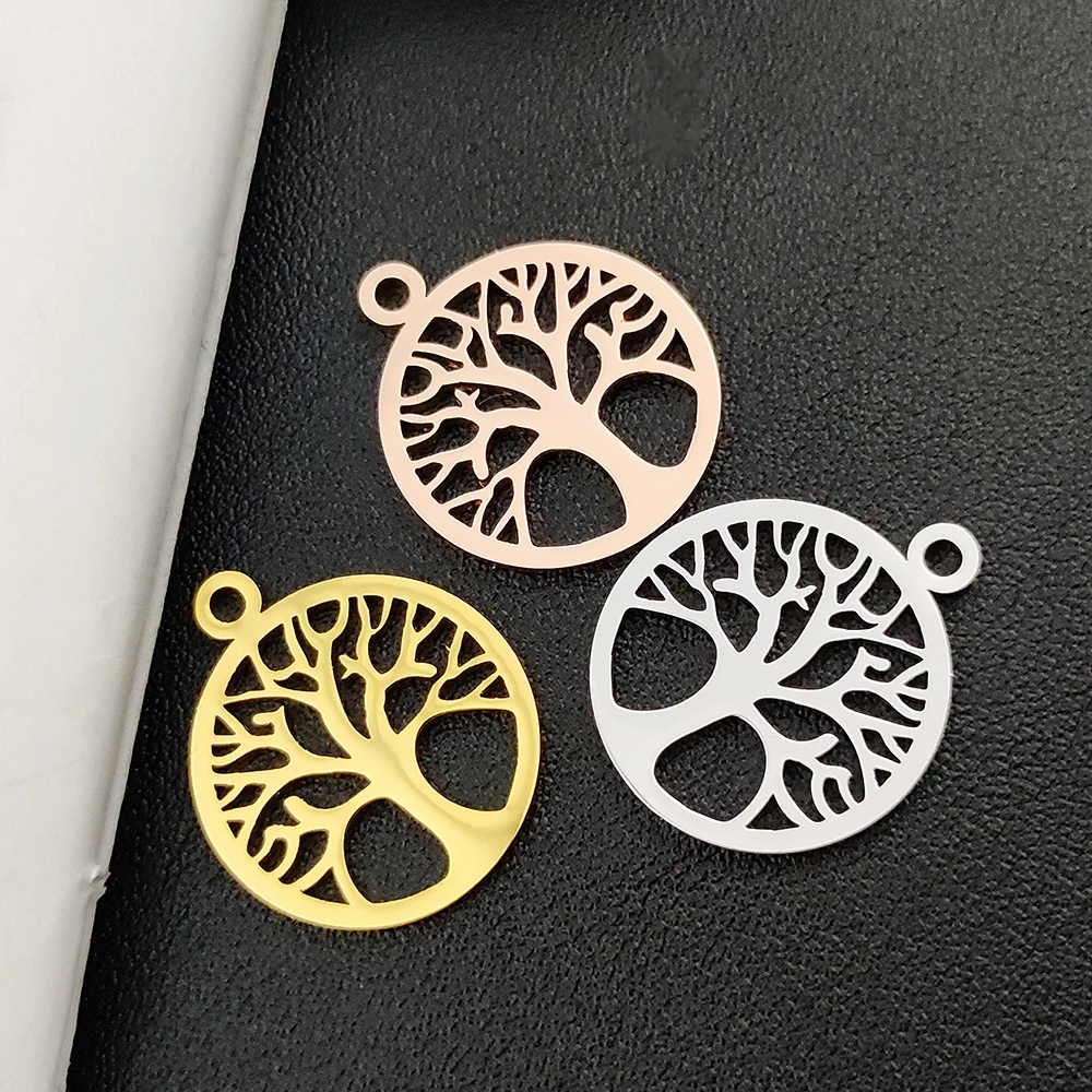 

5pcs/wholesale Ladies Hollow Out Round Life Tree Pendant Stainless Steel Jewelry Necklace Bracelet Charms Diy Making Accessories