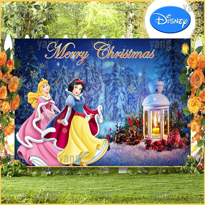 Lovely Disney Princess Aurora And Snow White Photo Backdrop Golden Snowflake Xmas Forest Christmas Party Backgrounds Decoration